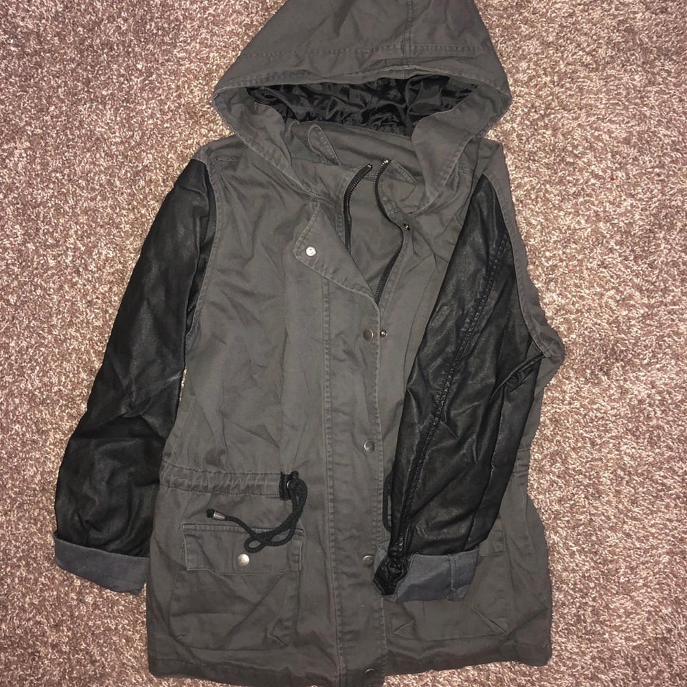 Grey Jacket with Leather Sleeves